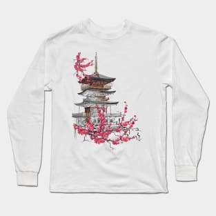 Pagode mit Sakura Long Sleeve T-Shirt